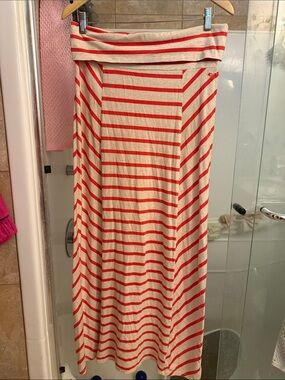 Roxy Cream Maxi Skirt with Coral Stripes